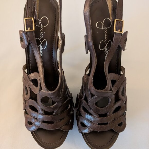 Jessica Simpson Brown Leather & Wooden Cutout Heels Sz 7 - Picture 1 of 6